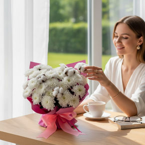 Композиция из белых хризантем с хлопком